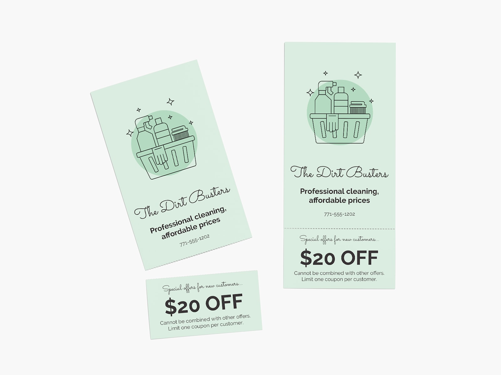 Two rip cards for a cleaning service, with perforated vouchers promoting a sale.