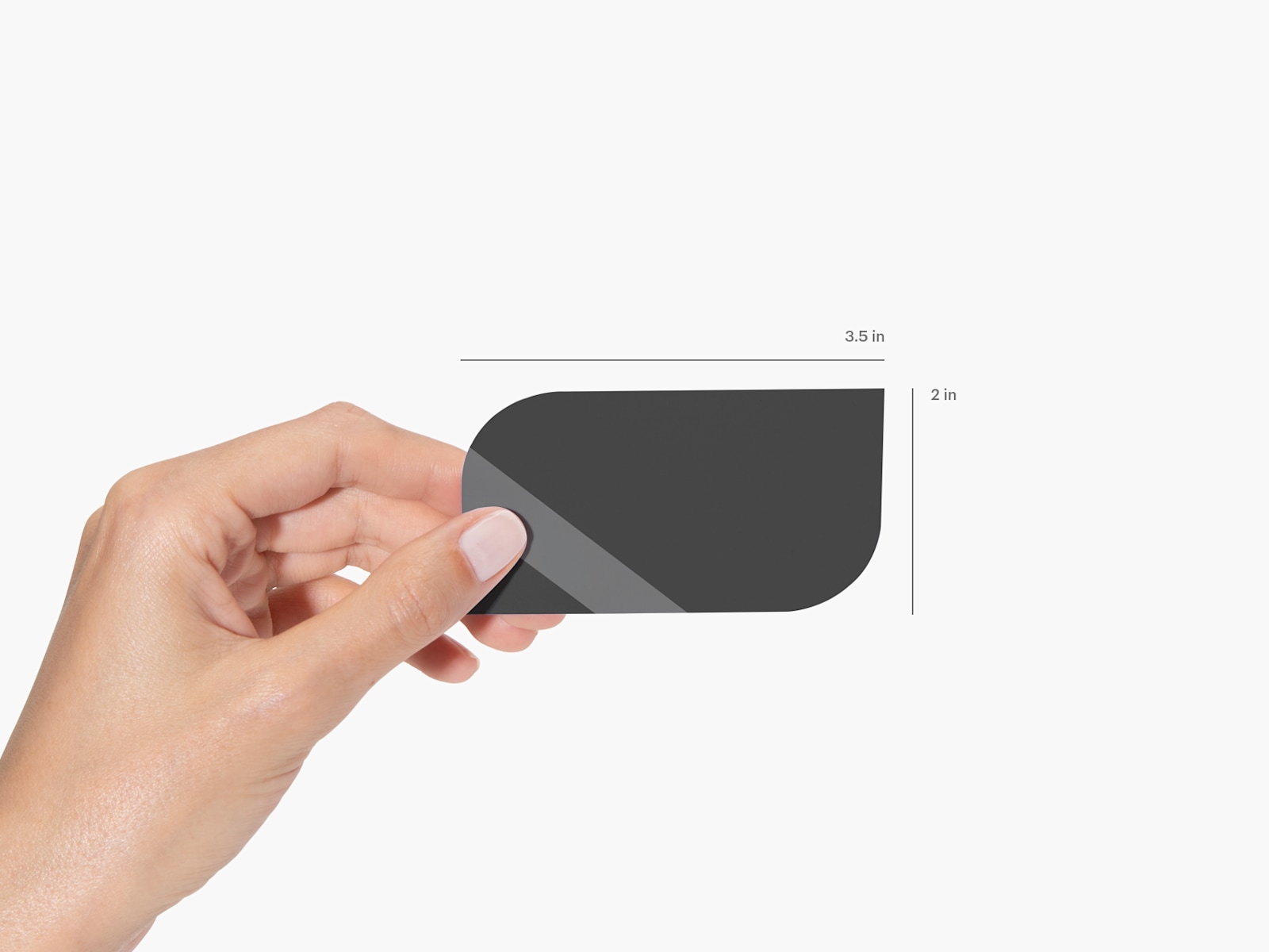 A person holding a leaf business card, labeled by its size.