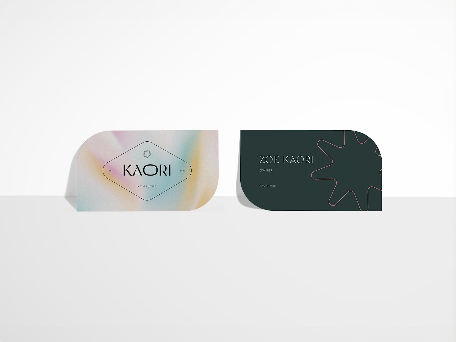Larger version: Front and back view of leaf business cards for a craft beverage company.