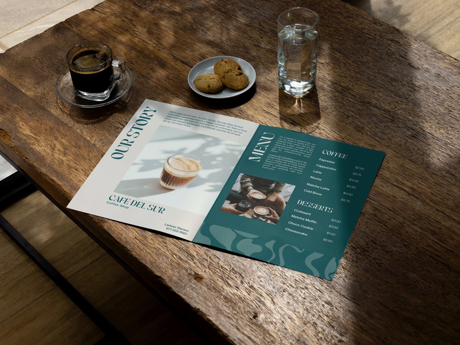 A bi-fold menu for a cafe, laying flat on a table with coffee and cookies beside it.