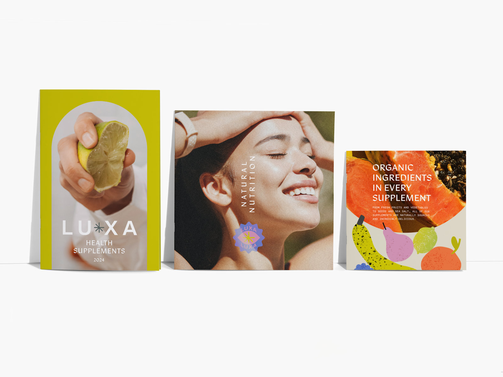 Three saddle-stitch booklets of different sizes for an organic health supplements business.