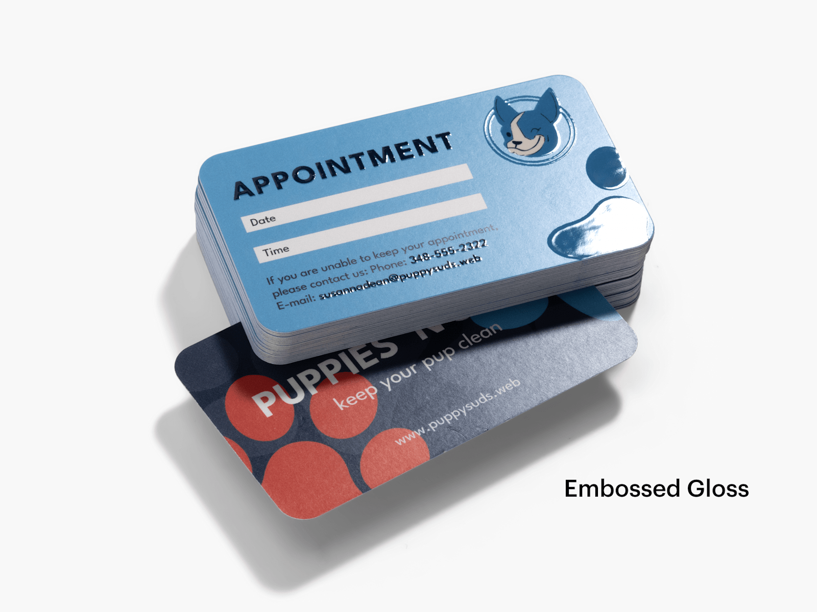 The front and back of an embossed gloss appointment card for a pet grooming service.