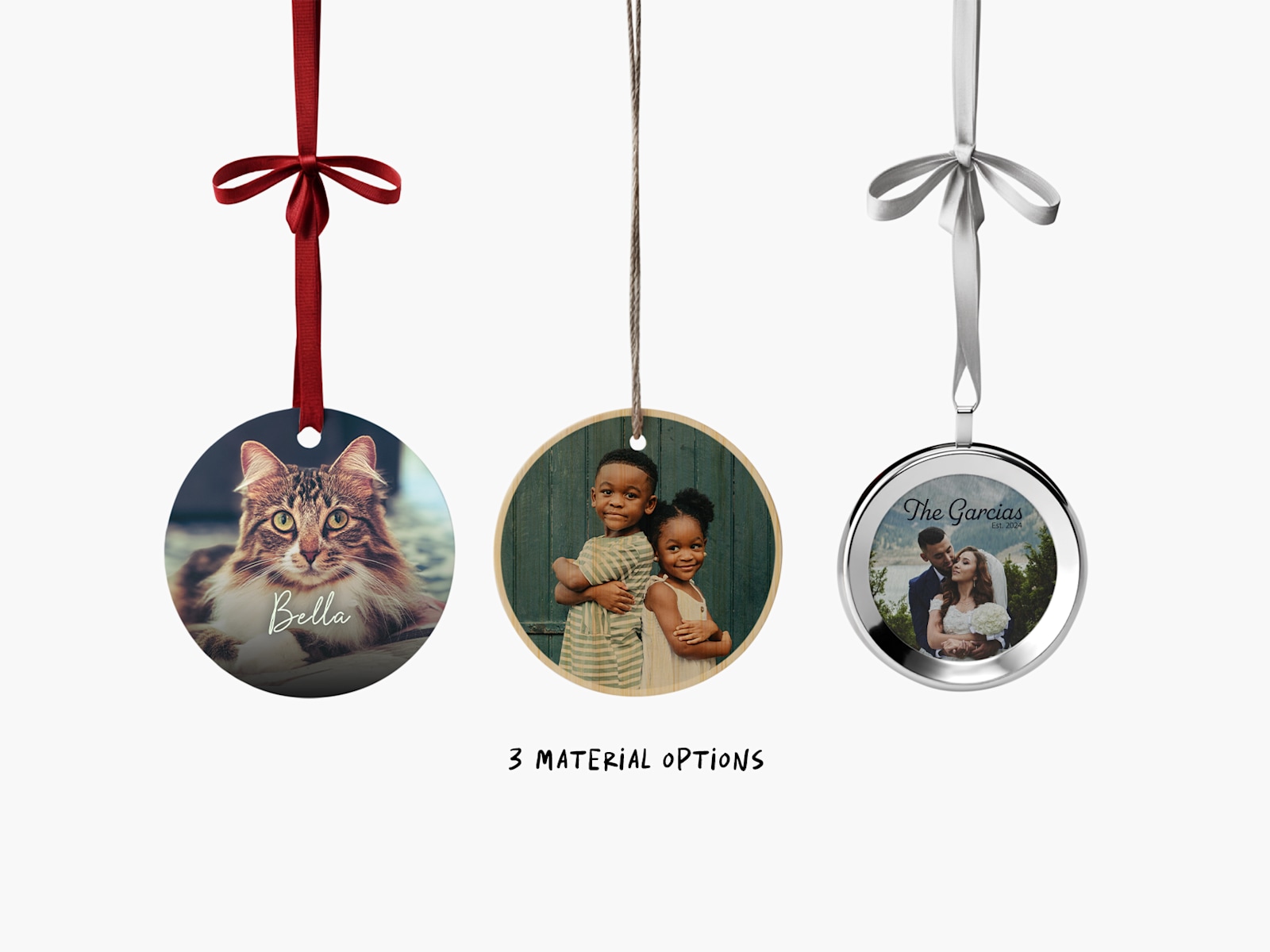 3 circular Christmas ornaments printed with various photos, with a note that there are 3 material options. 