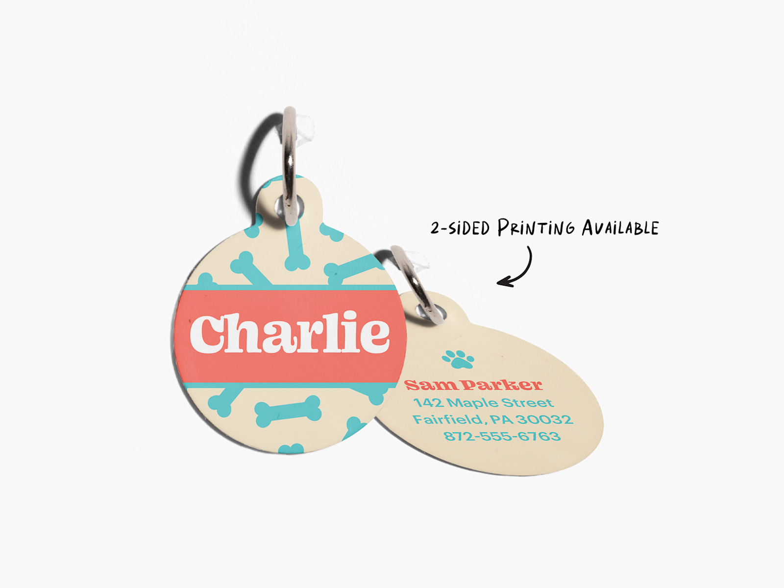 The front and back view of a pet tag, customized with a pet name and the owner’s contact details.