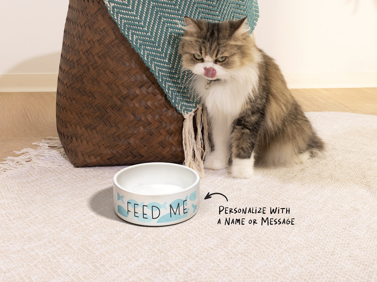 A cat and a custom pet bowl that reads “Feed Me”, along with a note that says you can personalize with a name or message.