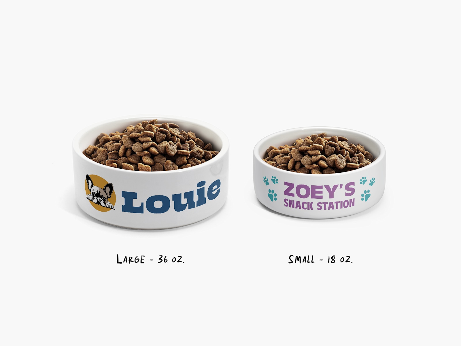 Two custom pet bowls, with notes that one is large (36 oz.) and the other is small (18 oz.).