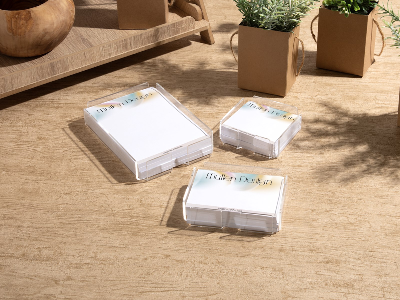 Larger version: 3 different sizes of acrylic Post-it® holders, filled with custom Post-it® Notes for a design company.
