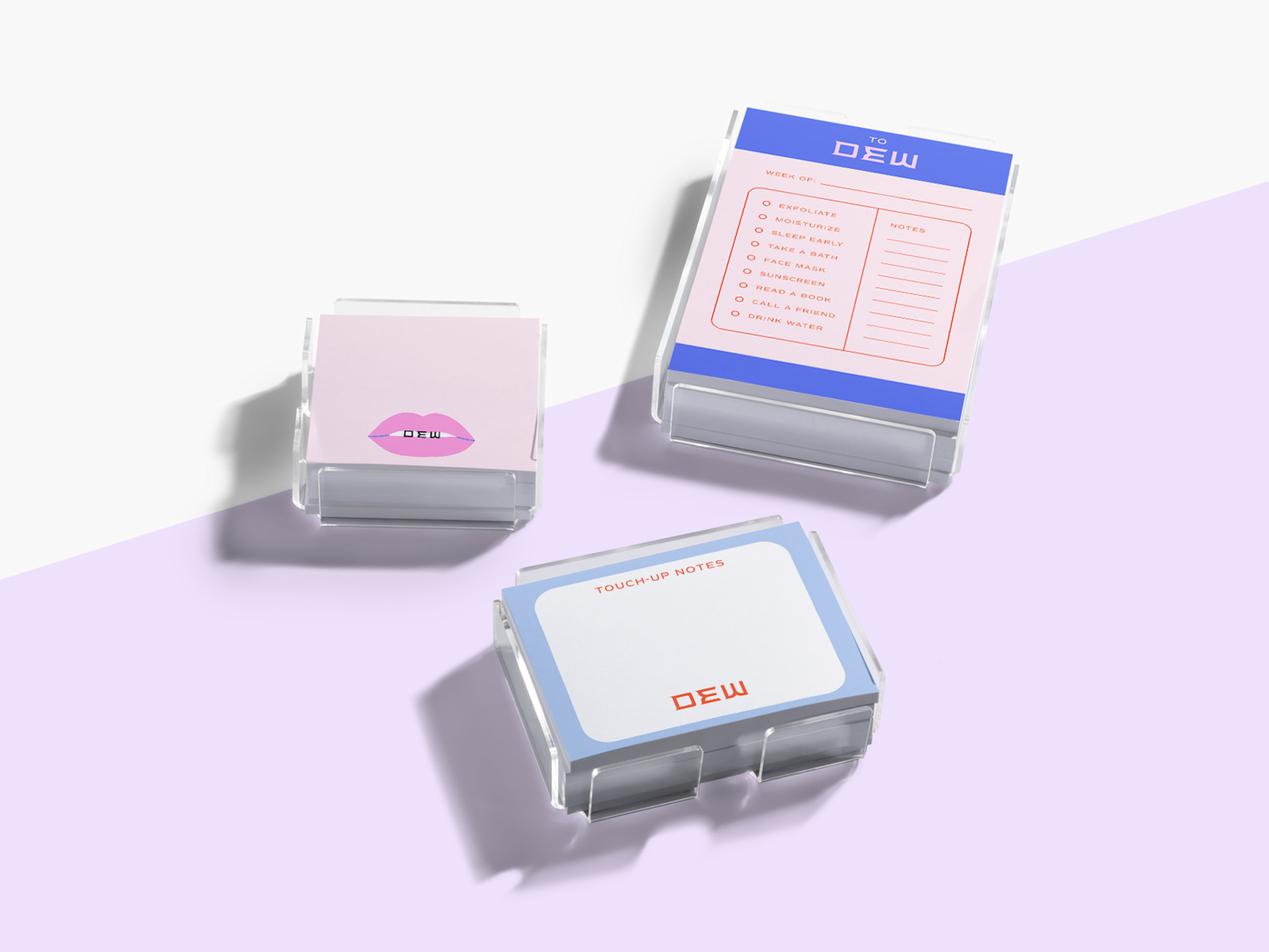 3 different sizes of acrylic Post-it® holders, filled with custom Post-it® Notes for a beauty company.
