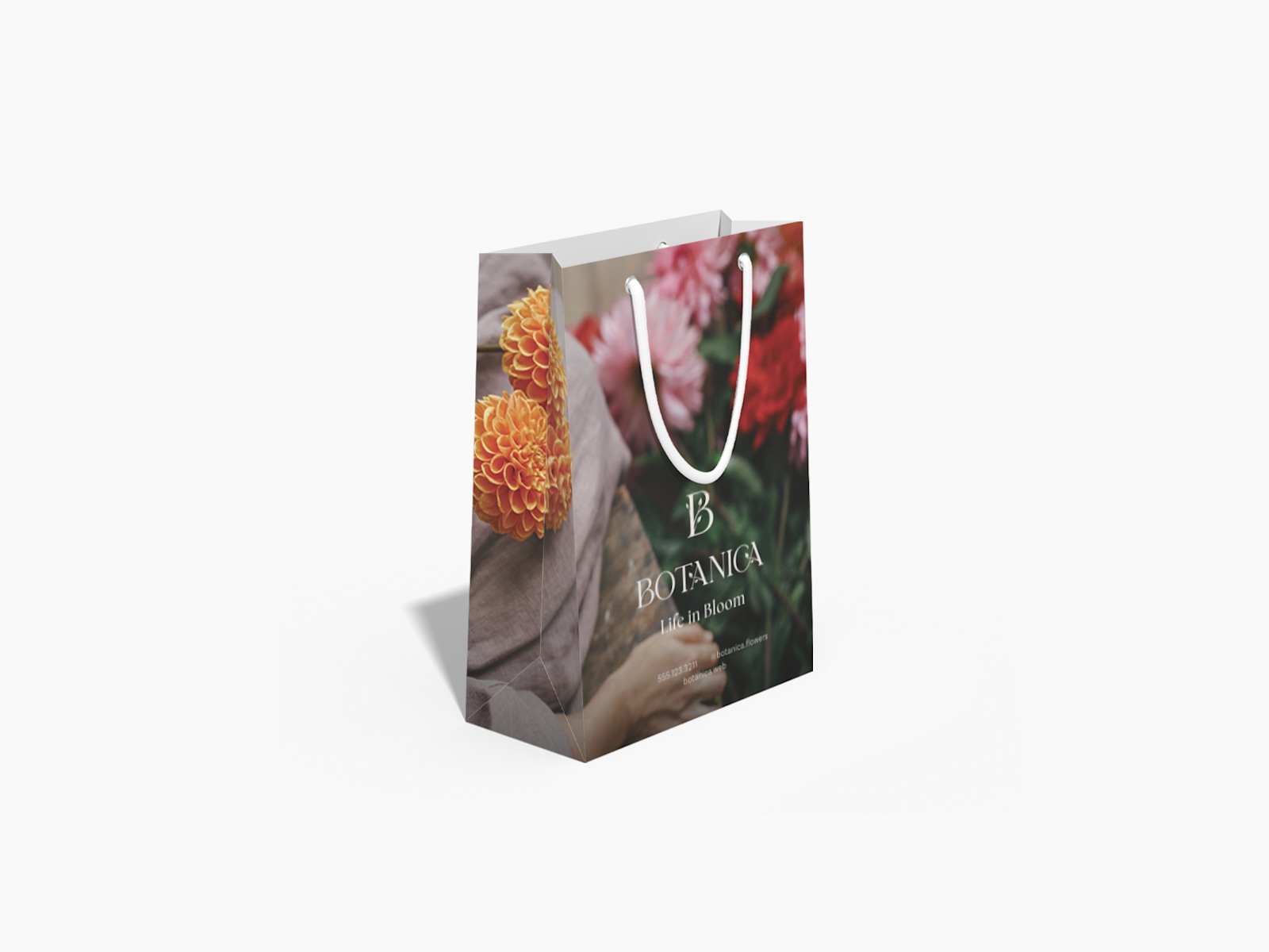 Branded paper bag showing full colour, front and sided printing.