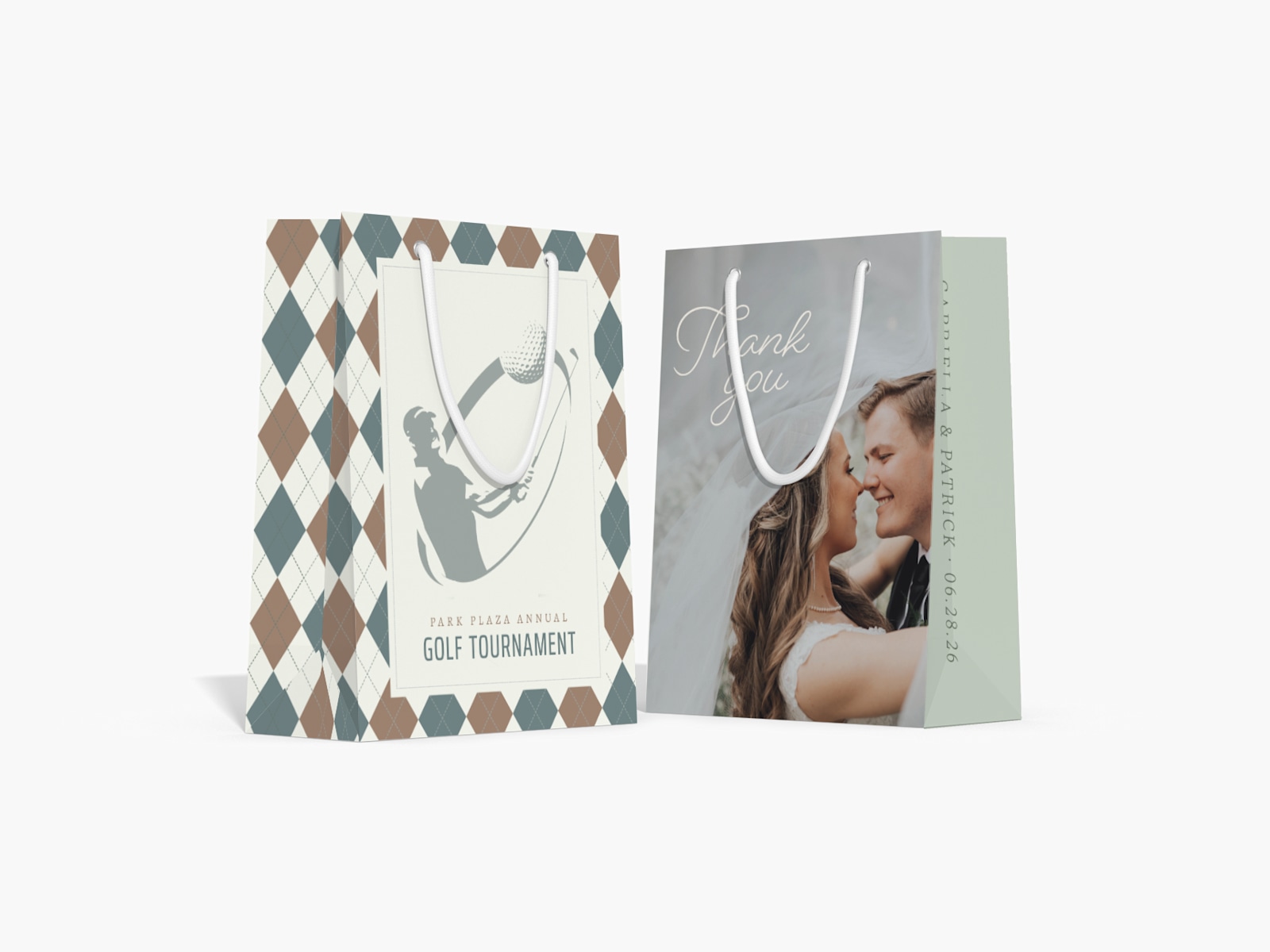 Larger version: Two full-color printed paper bags with brand name printed on the front.