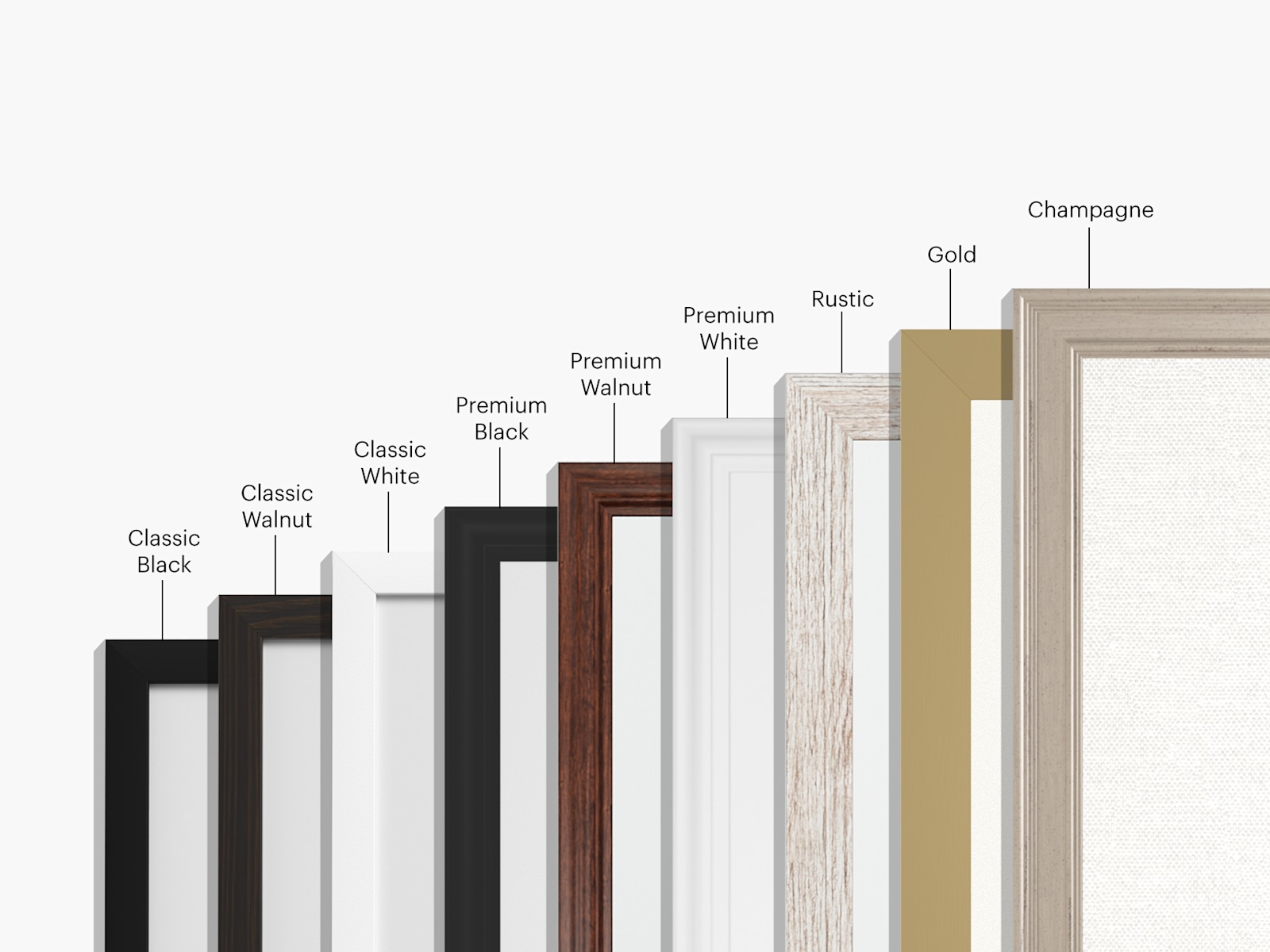  A collection of 9 frames  stacked on top of eachother, with their respective style names listed above. 