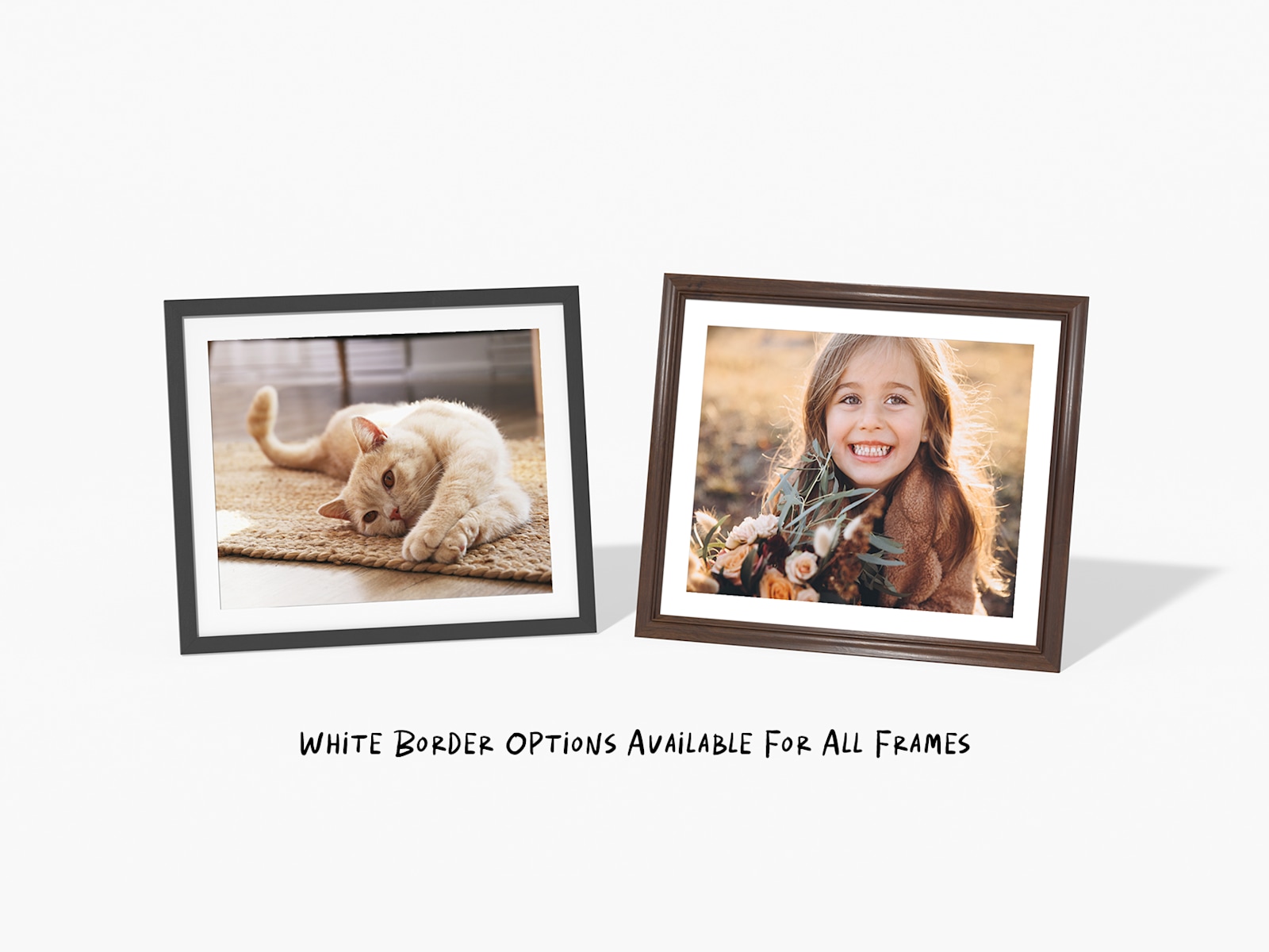 Two framed prints featuring a cat and a little girl, with a note that says white border options are available for all frames. 