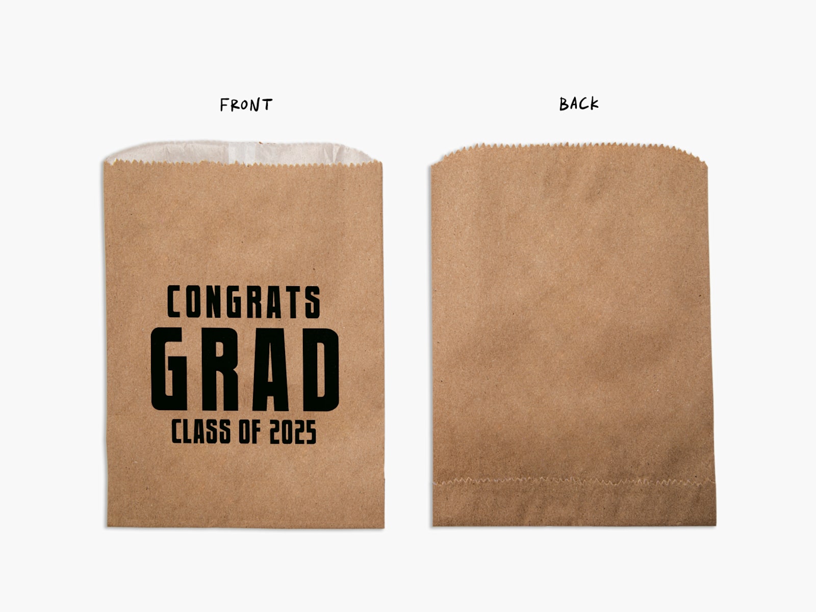 The front and back view of a kraft favor bag, with notes labeling the front and back.  