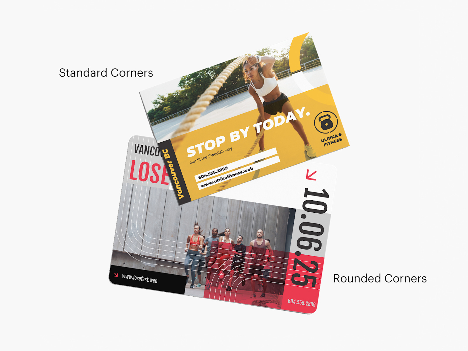 2 postcards for a fitness facility, 1 with rounded corners and 1 with standard corners.