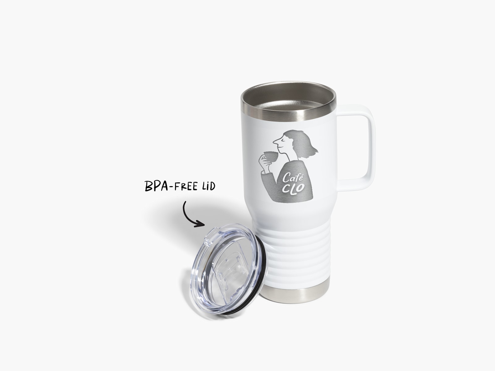 A white travel mug customized with the name and logo of a cafe, with a note that its lid is BPA-free. 