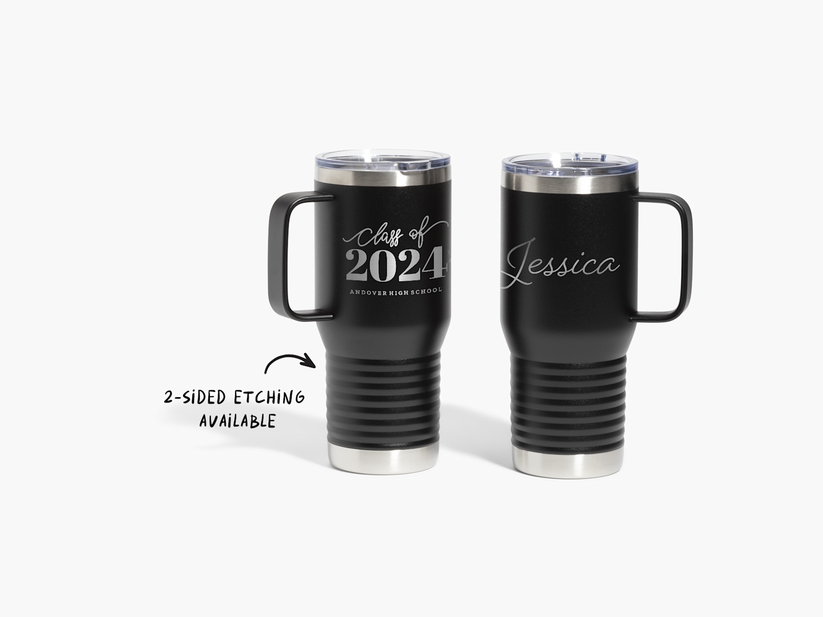 Two black insulated travel mugs customized with a graduation year and name, with a note that 2-sided etching is available.  