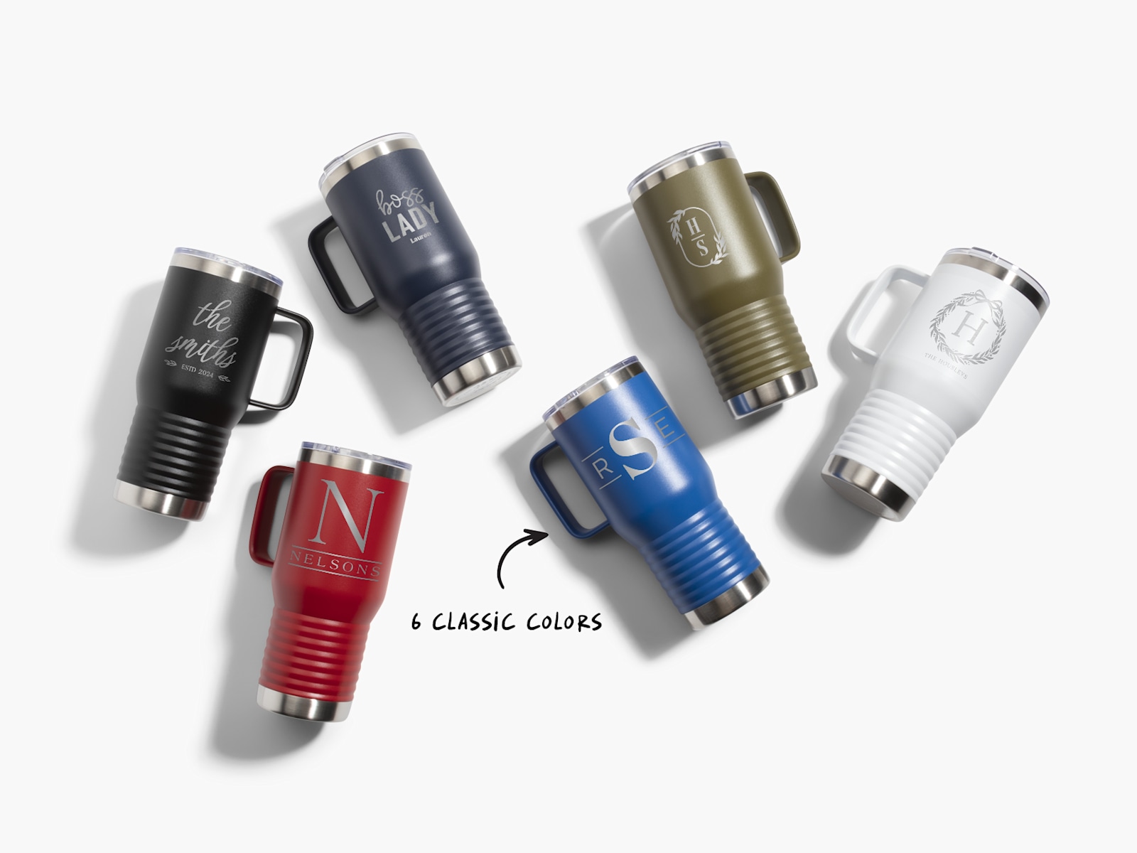 6 travel mugs personalized with various names and details, with a note that the mugs are offered in 6 classic colors. 