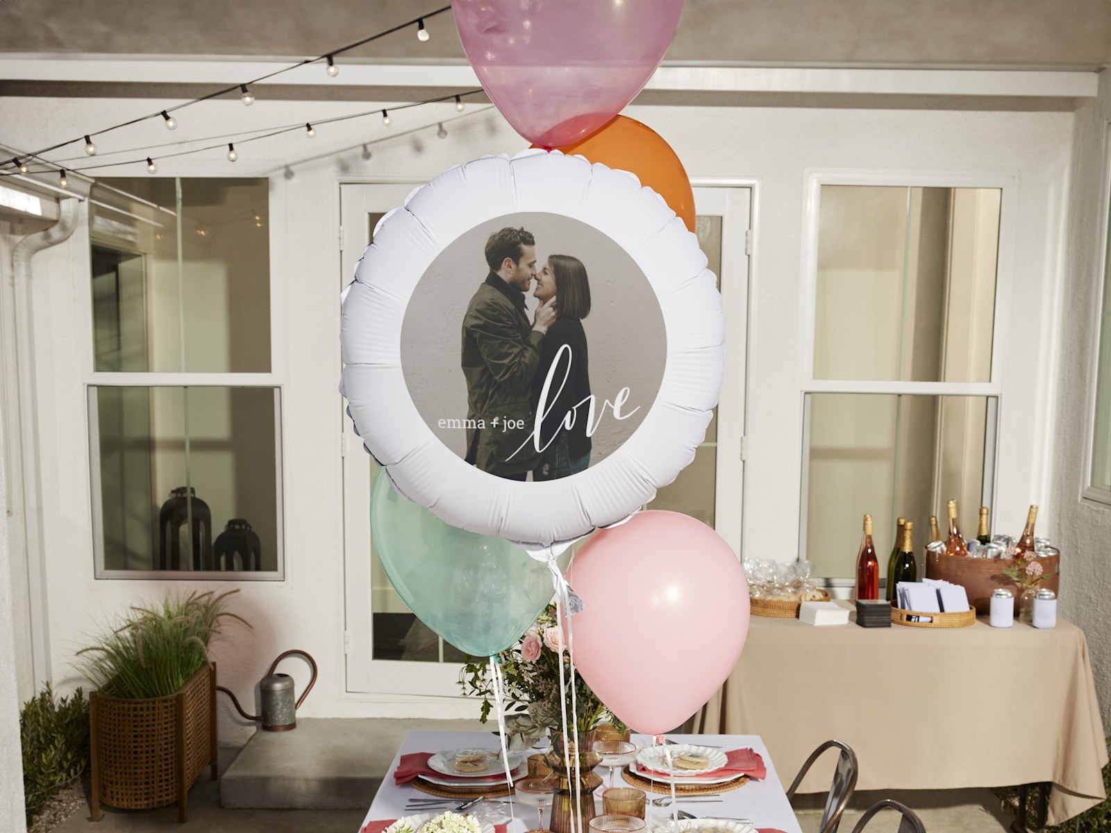 A photo balloon personalized for a bridal shower, printed with a photo of the bride and groom.