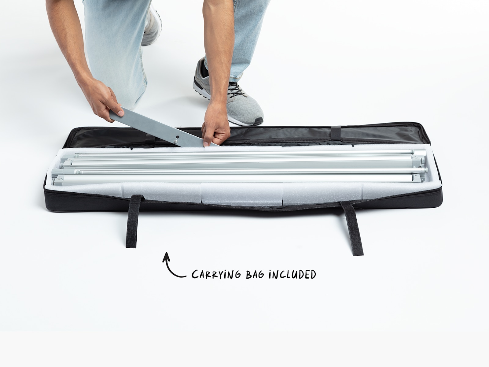 The all-in-one carrying case showing all the items packed inside. 