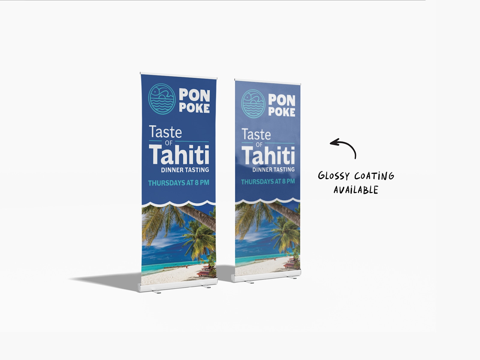 2 poke bowl restaurant retractable banners – 1 featuring the protective glossy coating option available.