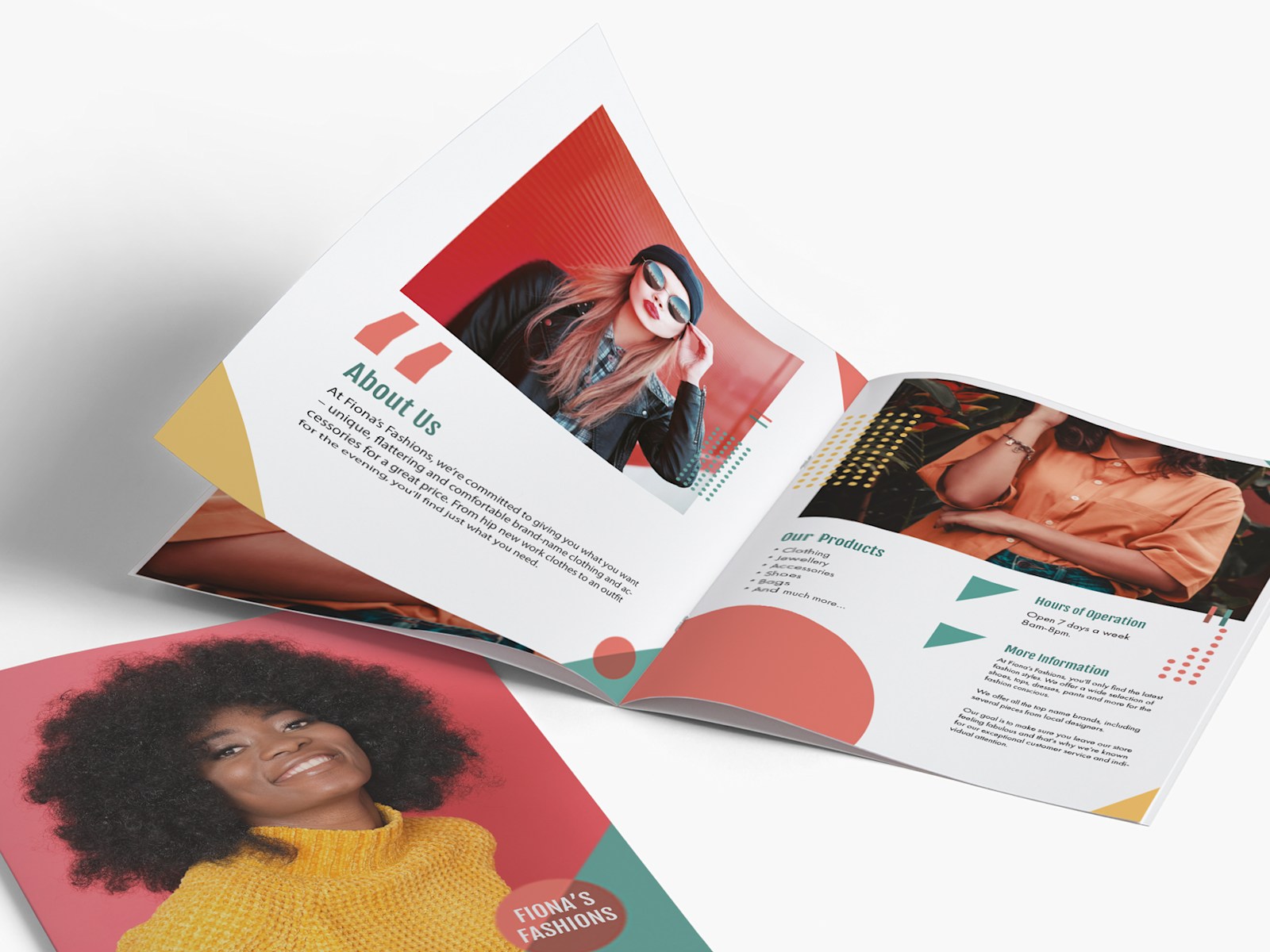 Larger version: A self cover booklet for a beauty and fashion company, opened to a page with multiple photos.