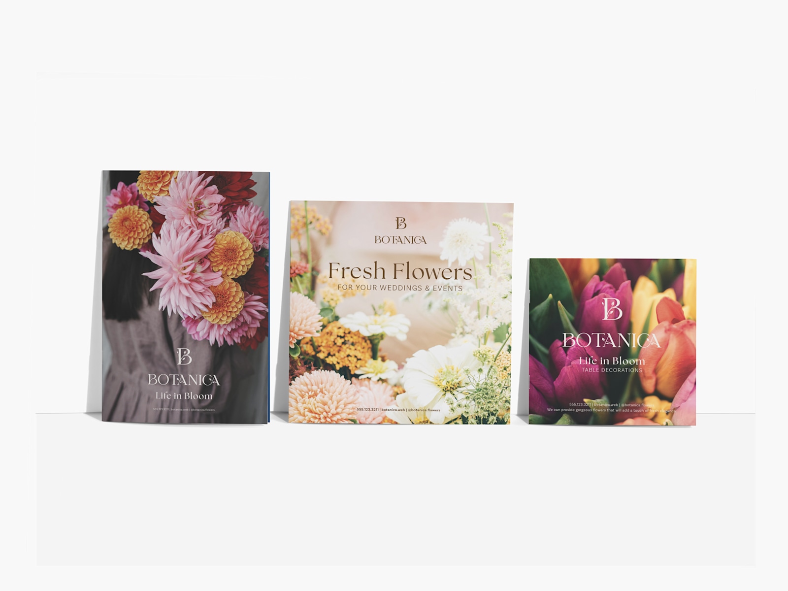 3 different sizes of self cover booklets, all advertising a florist. 