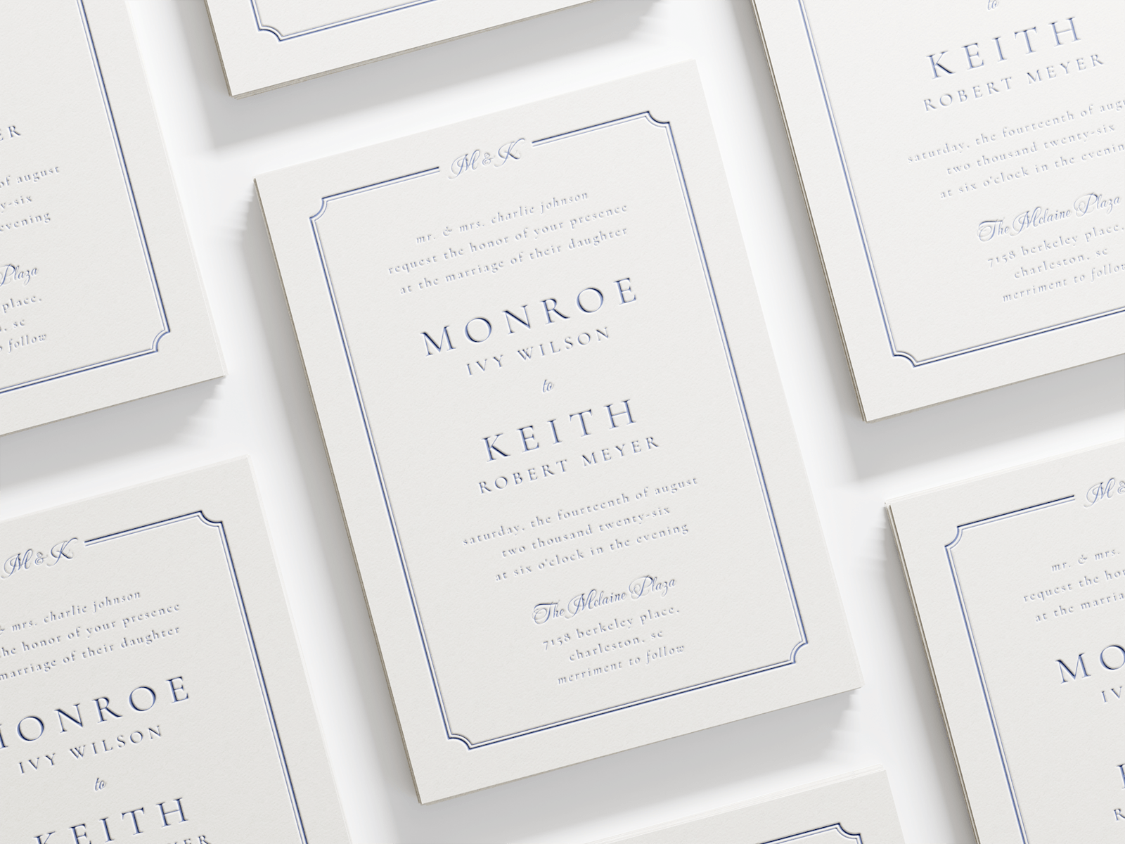 Larger version: A letterpress wedding invitation featuring a classic font and elegant border. 