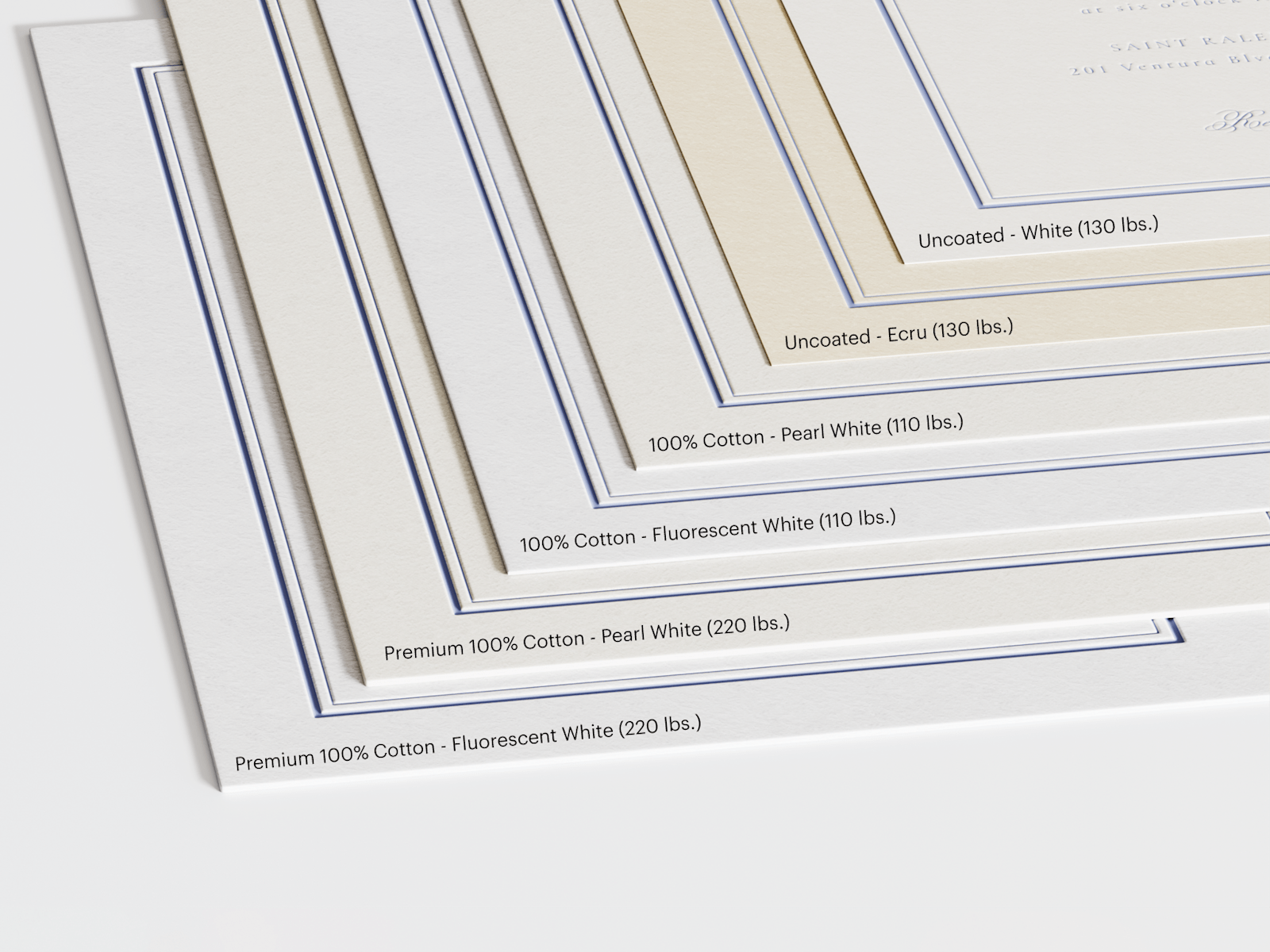 Various letterpress papers in different colors, weights and finishes. 