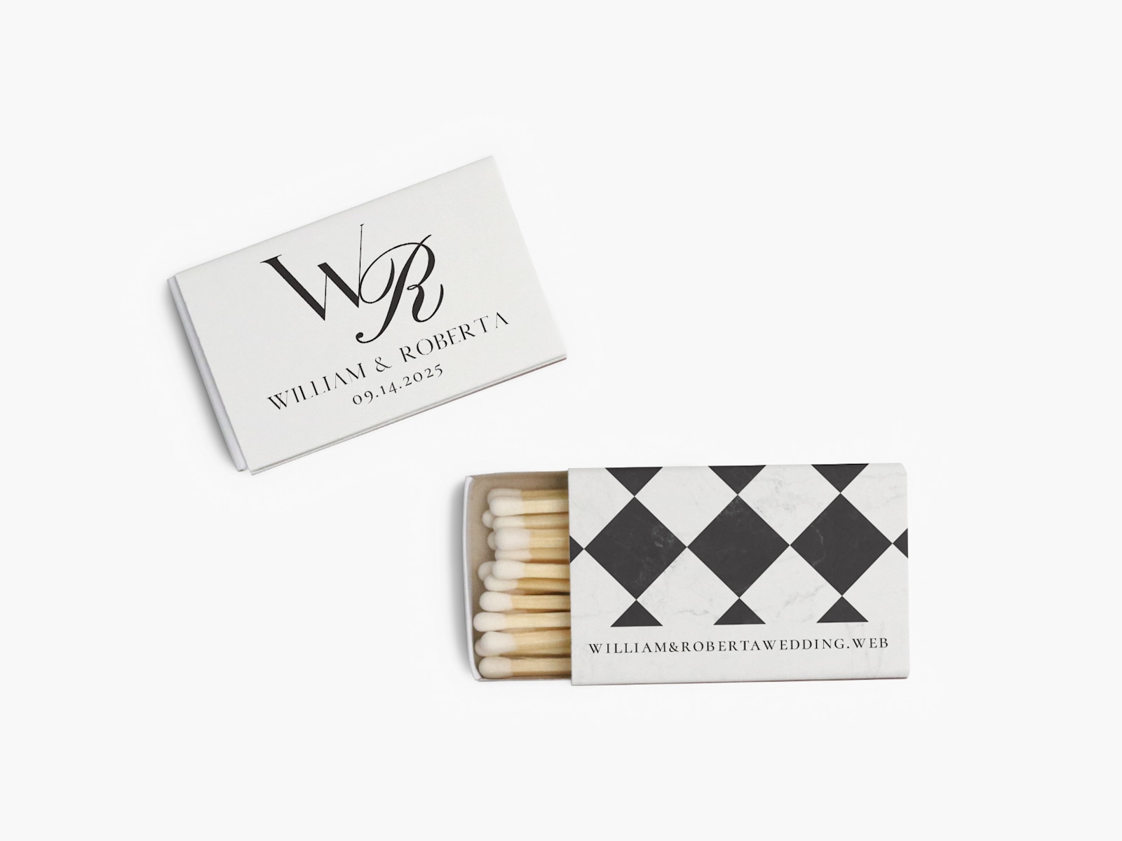 The front and back view of a custom wedding matchbox. 