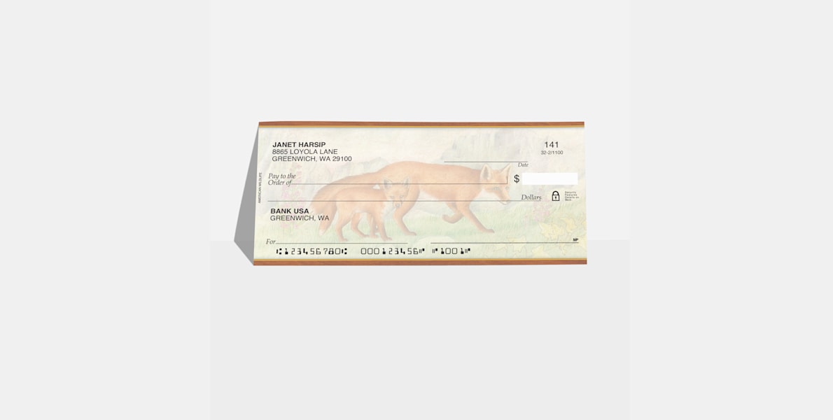 A personal wallet check with an animal watermark design featuring standard check elements.