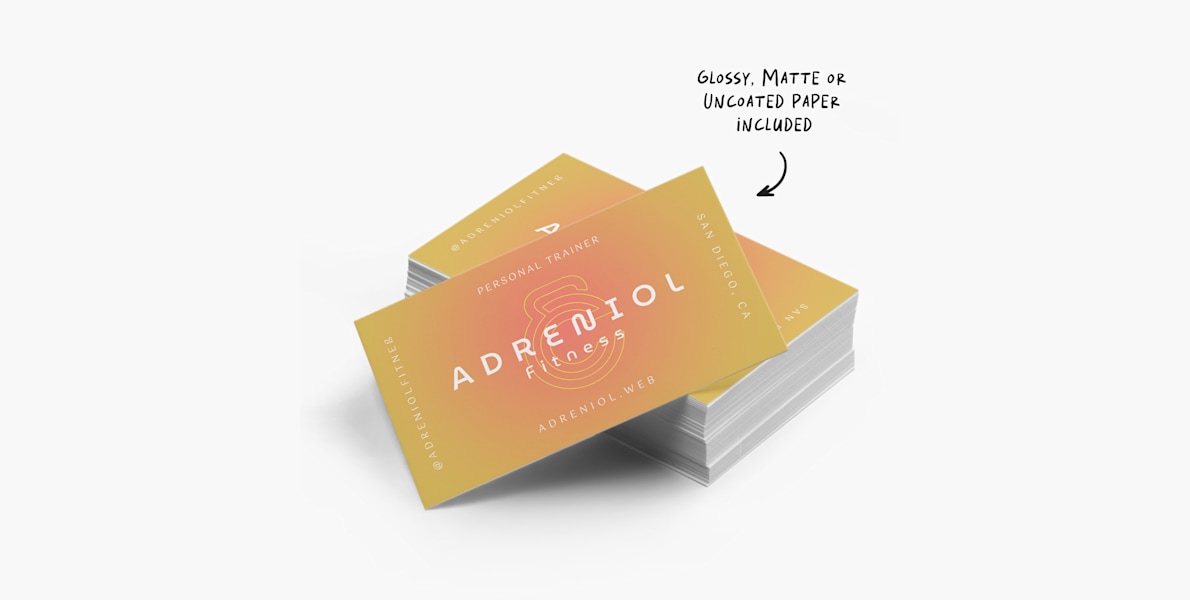 A stack of artistic business cards with a note that glossy, matte and uncoated paper is included.
