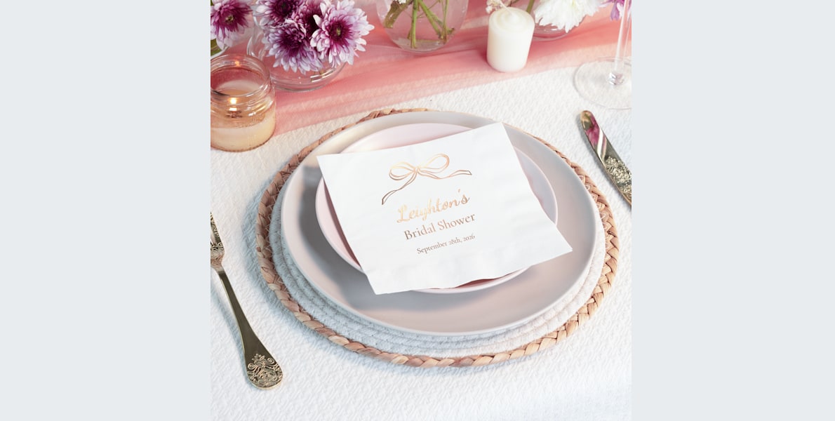 A foil napkin customized for a bridal shower.