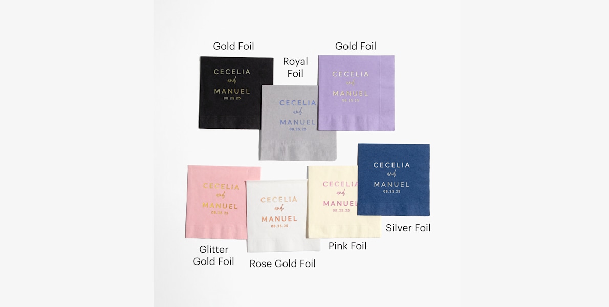 An assortment of foil napkins printed with different base colors and foil colors.