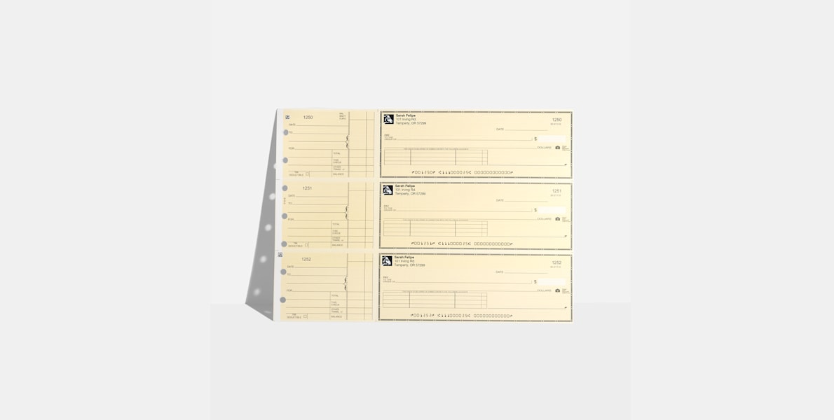 Tan 3-to-a-page laser business checks displayed upright with side binding holes visible.