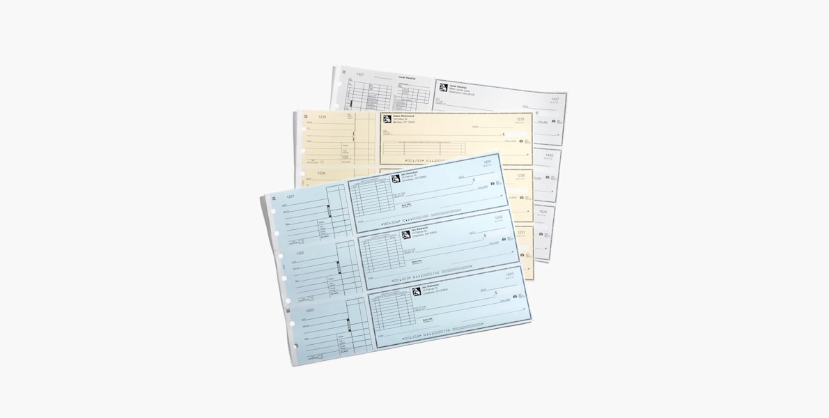 Larger version: Assorted 3-to-a-page laser checks in blue, tan and white on a white background.