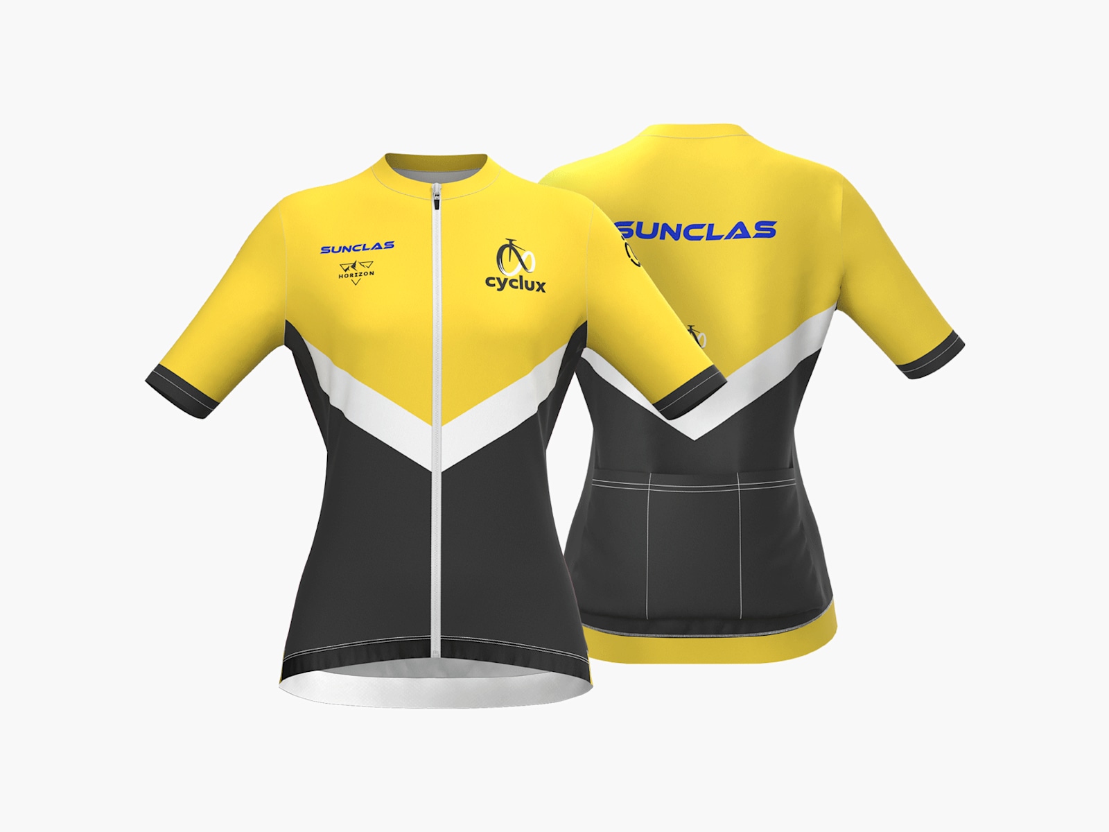 Fotos de la parte delantera y trasera de un maillot de ciclismo para mujer totalmente personalizado en el que aparece la marca de ciclismo pedala y varios patrocinadores de marcas de gafas de sol para ciclismo y productos nutricionales.