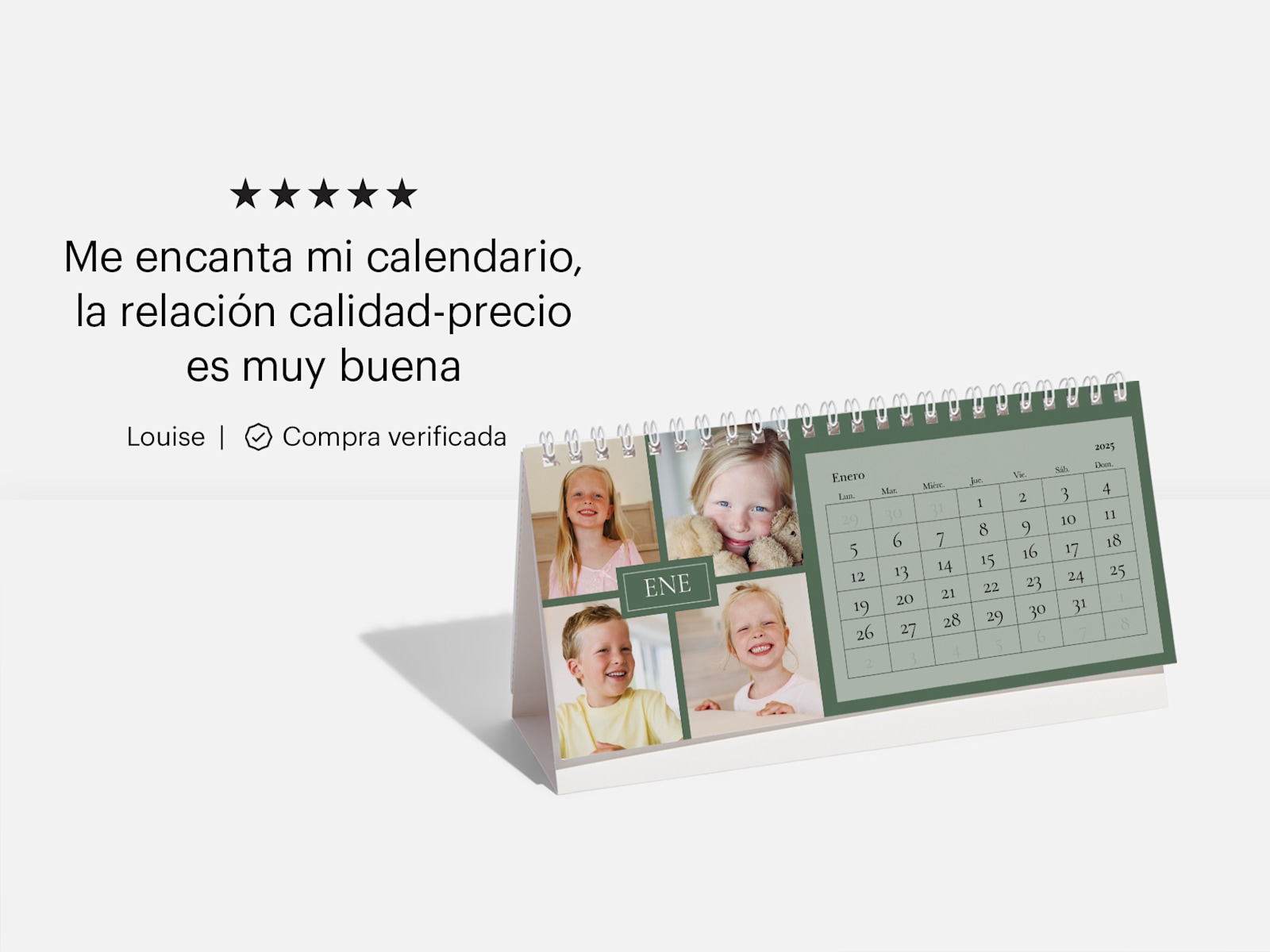 Calendario de mesa personalizado con fotos de niños y la reseña de un cliente: «Me encanta mi calendario. La relación calidad-precio es muy buena».