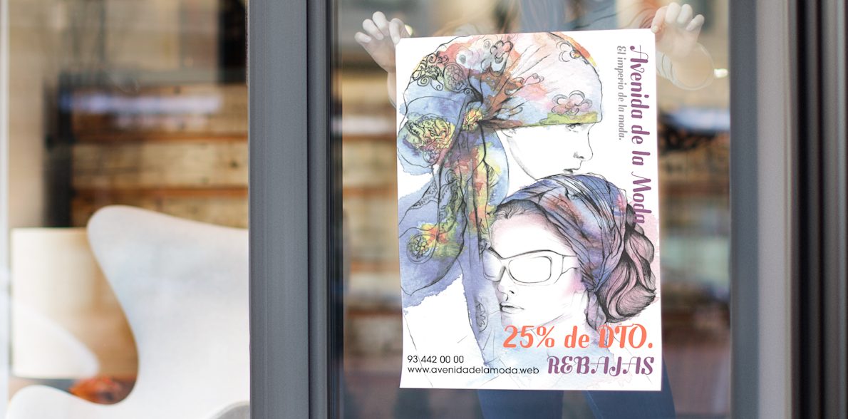 póster con impresión personalizada en la ventana de una tienda