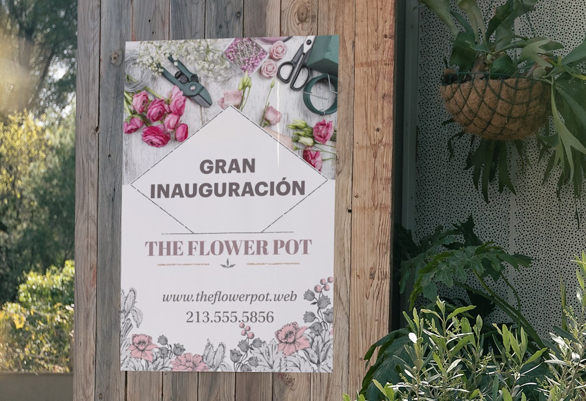 póster personalizado con un tema floral anunciando la inauguración de un negocio