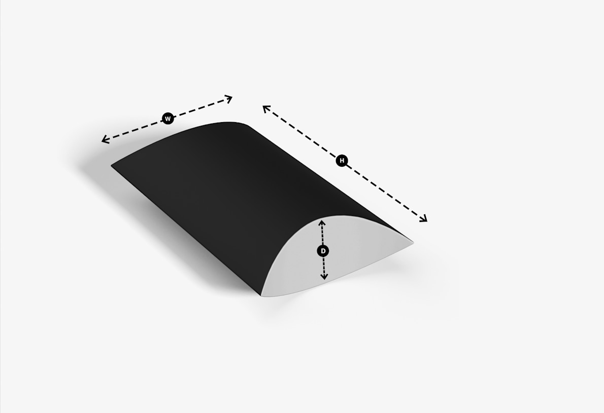 Una caja tipo almohada con la guía mostrando cómo se determina el ancho, alto y profundidad.