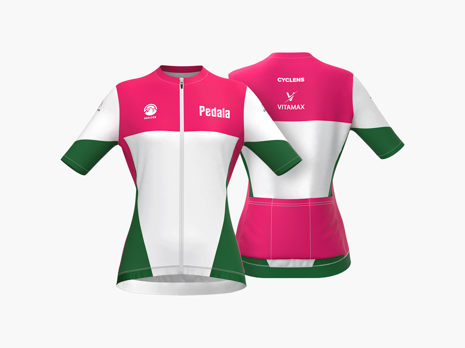 Tomas de un maniquí, adelante y atrás, con un jersey de ciclismo totalmente personalizado para mujer que muestre la marca de ciclismo Pedala y varios patrocinadores de marcas de gafas de ciclismo y productos nutricionales.