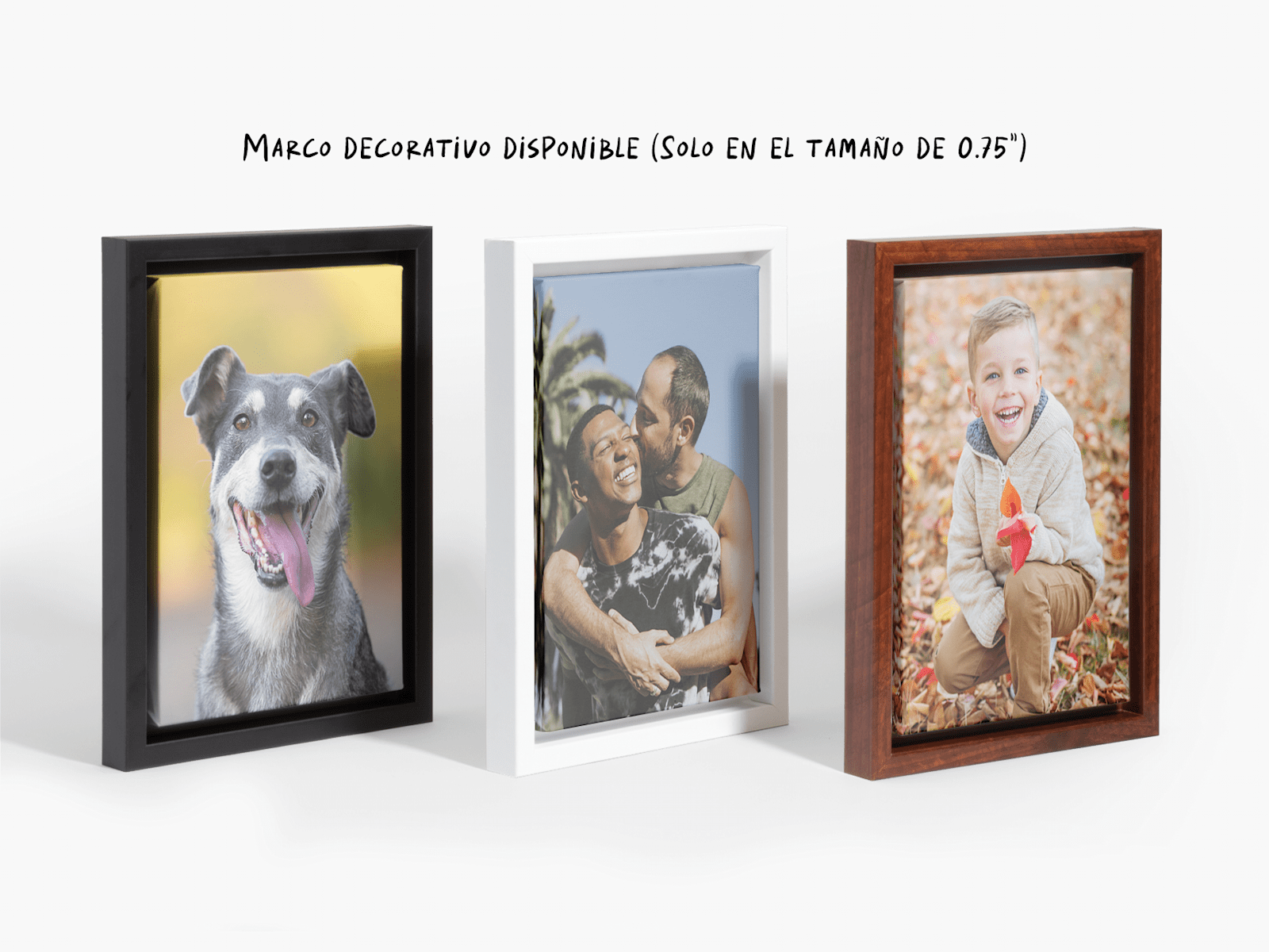 Tres marcos decorativos para lienzos con foto personalizados en color negro, blanco y nogal