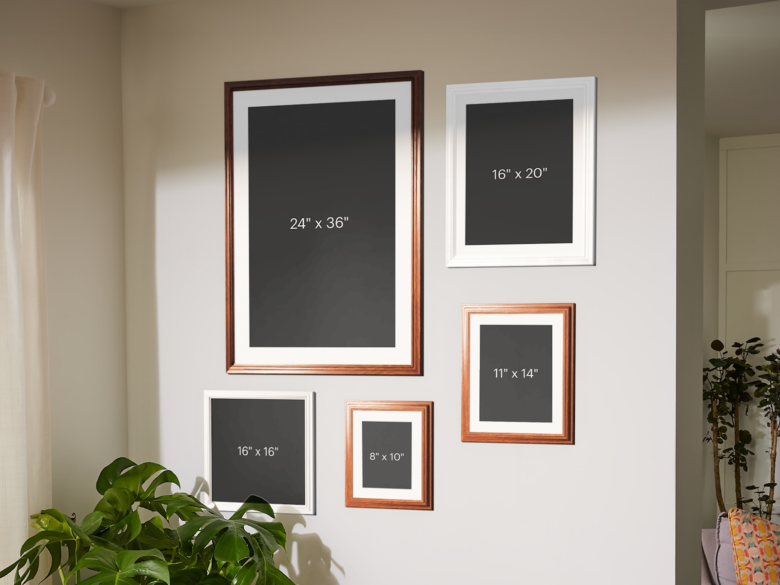 A collection of five frames shows the different sized frames available for photo prints.