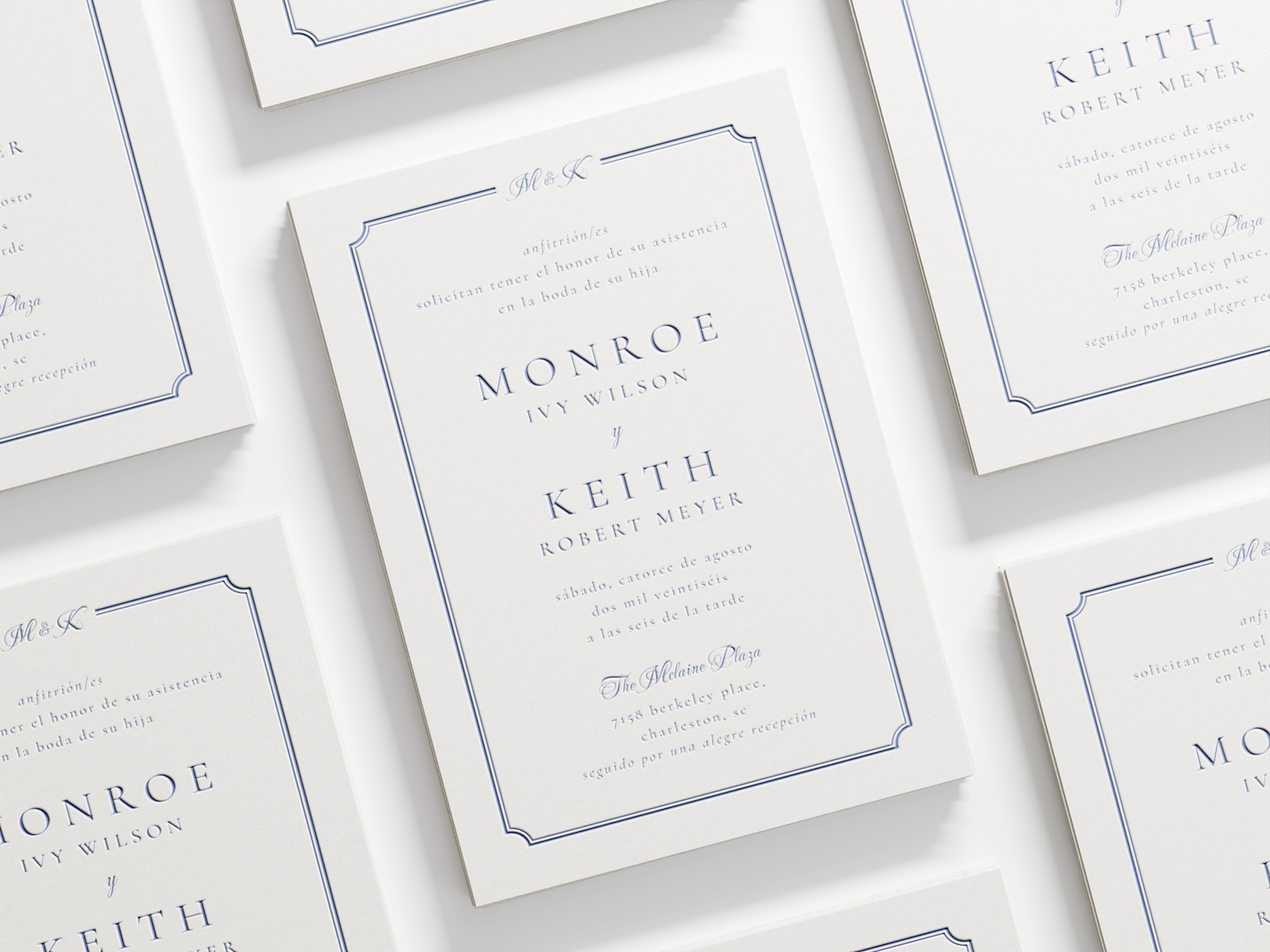 Larger version: Una invitación de boda letterpress con un tipo de letra clásico y un borde elegante. 