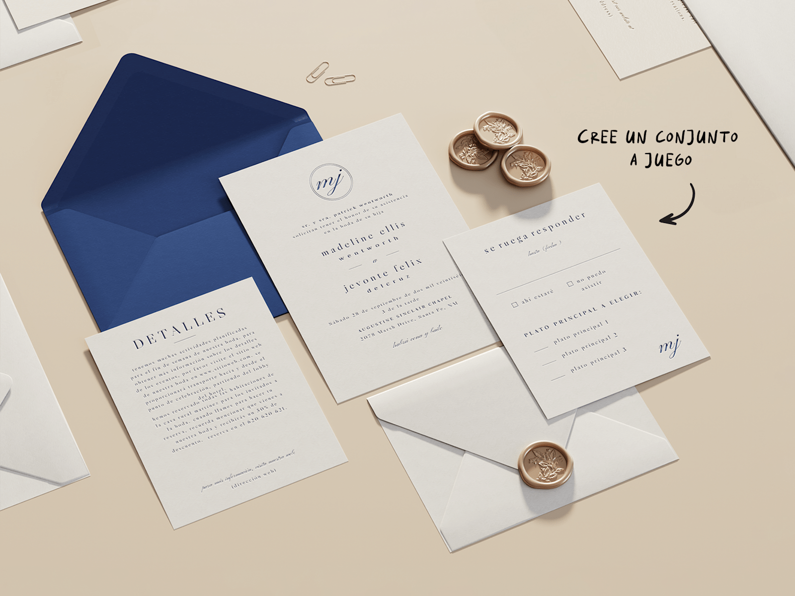 Un conjunto de boda letterpress a juego acentuado con sellos de cera de color dorado. 