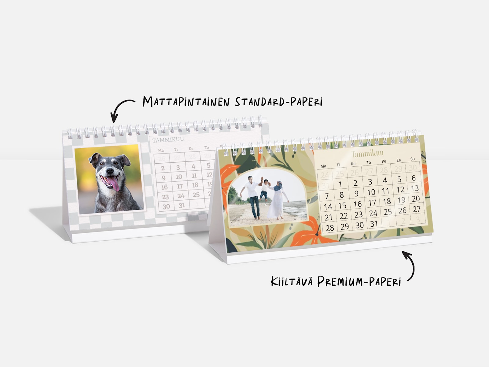 Kaksi suorakaiteen muotoista pöytäkalenteria, joissa on valokuvia sekä huomautus siitä, että paperivaihtoehtoina ovat tavallinen mattapaperi ja kiiltävä premium-paperi. 