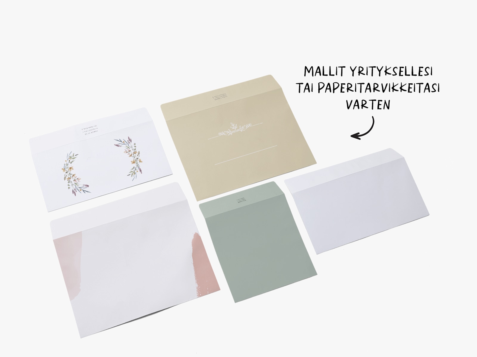 Yksilöityjä kirjekuoria, jotka on painettu useilla eri malleilla ja väreillä. Mukana huomautus siitä, että saatavilla on malleja yrityksellesi ja haluamasi tyyppisille paperitavaroille. 