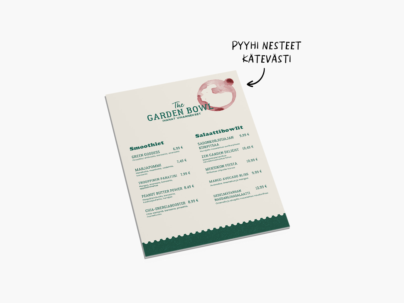 Vedenkestävä ruokalista, jota pieni läikkyminen ei vahingoita ja josta voi pyyhkiä roiskeet pois helposti. 