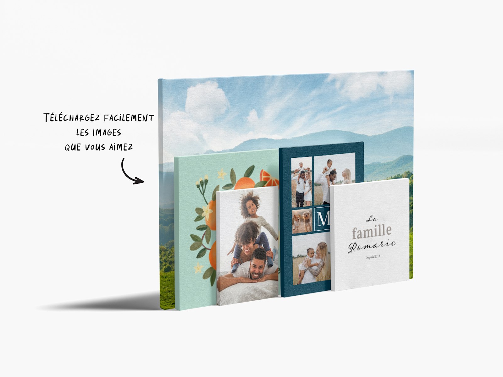 Impression de toiles photo personnalisées de différents formats présentant différentes images et photos. Il est précisé que vous pouvez importer le graphisme de votre choix. 