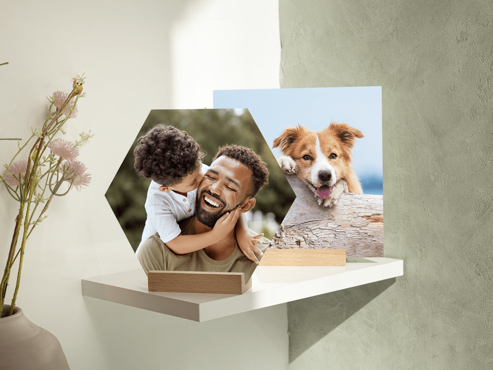 Une plaque photo hexagonale où figurent un père et son fils, et une autre plaque photo carrée où figure un chien. 